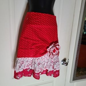 Red poka doted waist apron with a bow and lace
